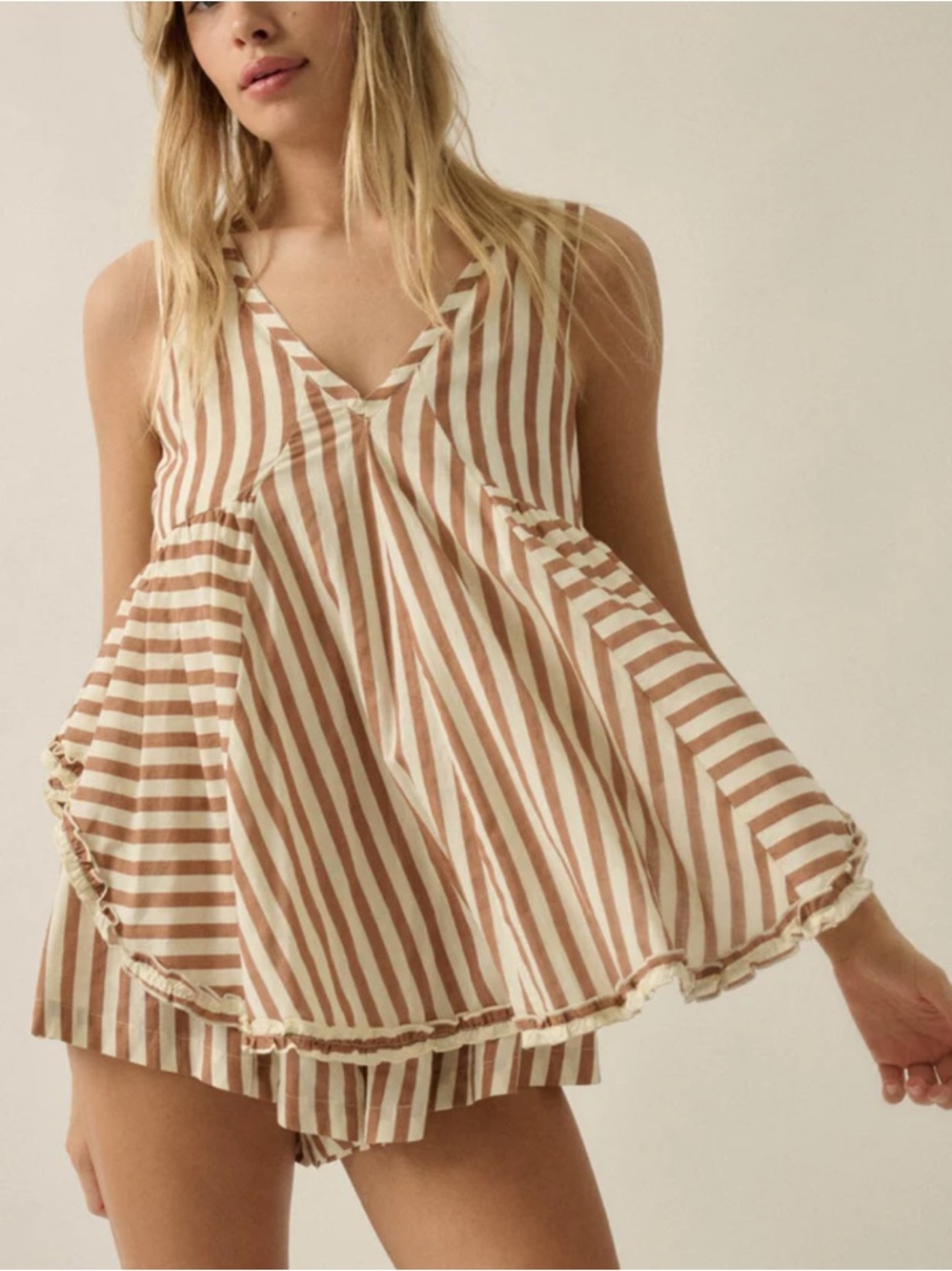 Vici Brown & White Striped V-Neck Babydoll Tank
